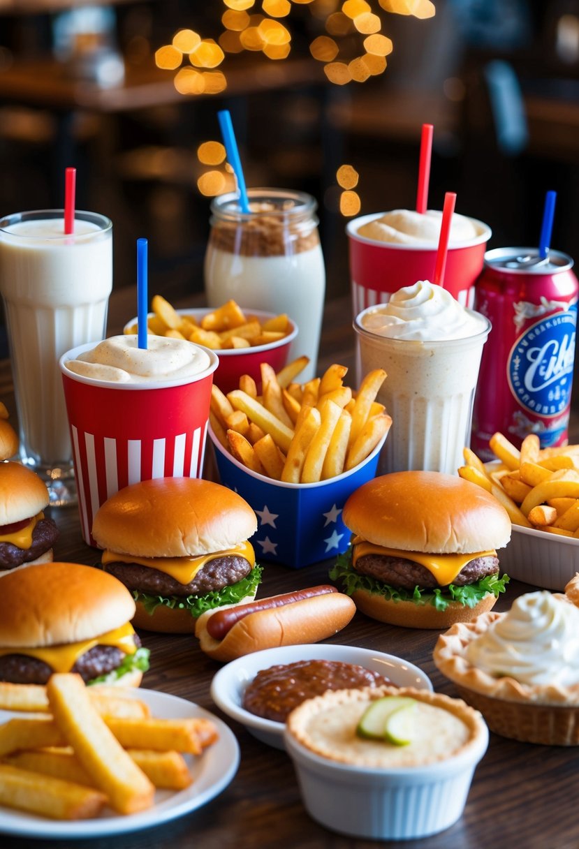 A table filled with classic American dishes: burgers, fries, hot dogs, apple pie, and milkshakes