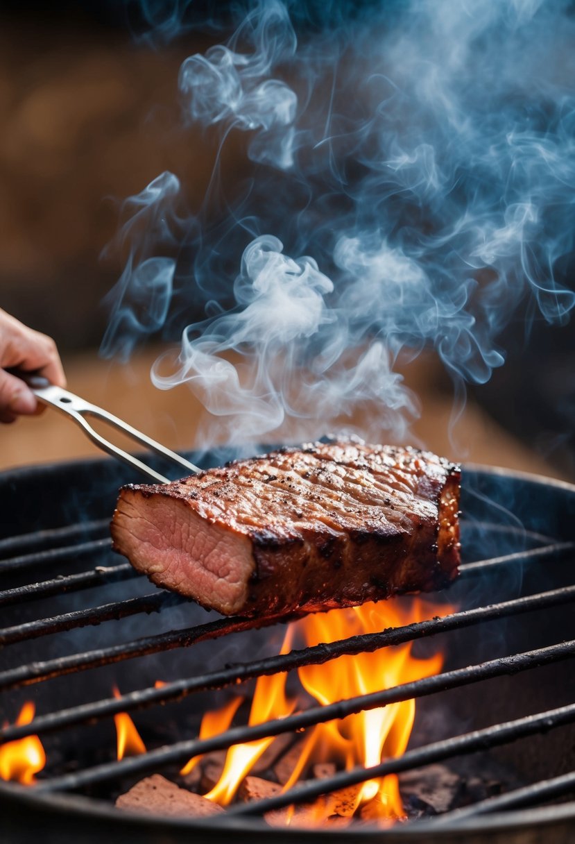 A sizzling Texas-style beef brisket grilling over an open flame, with smoke billowing around it and a rich, savory aroma filling the air