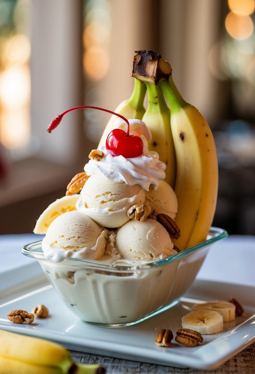 A classic banana split with three scoops of ice cream, sliced banana, whipped cream, nuts, and a cherry on top, served in a long dish