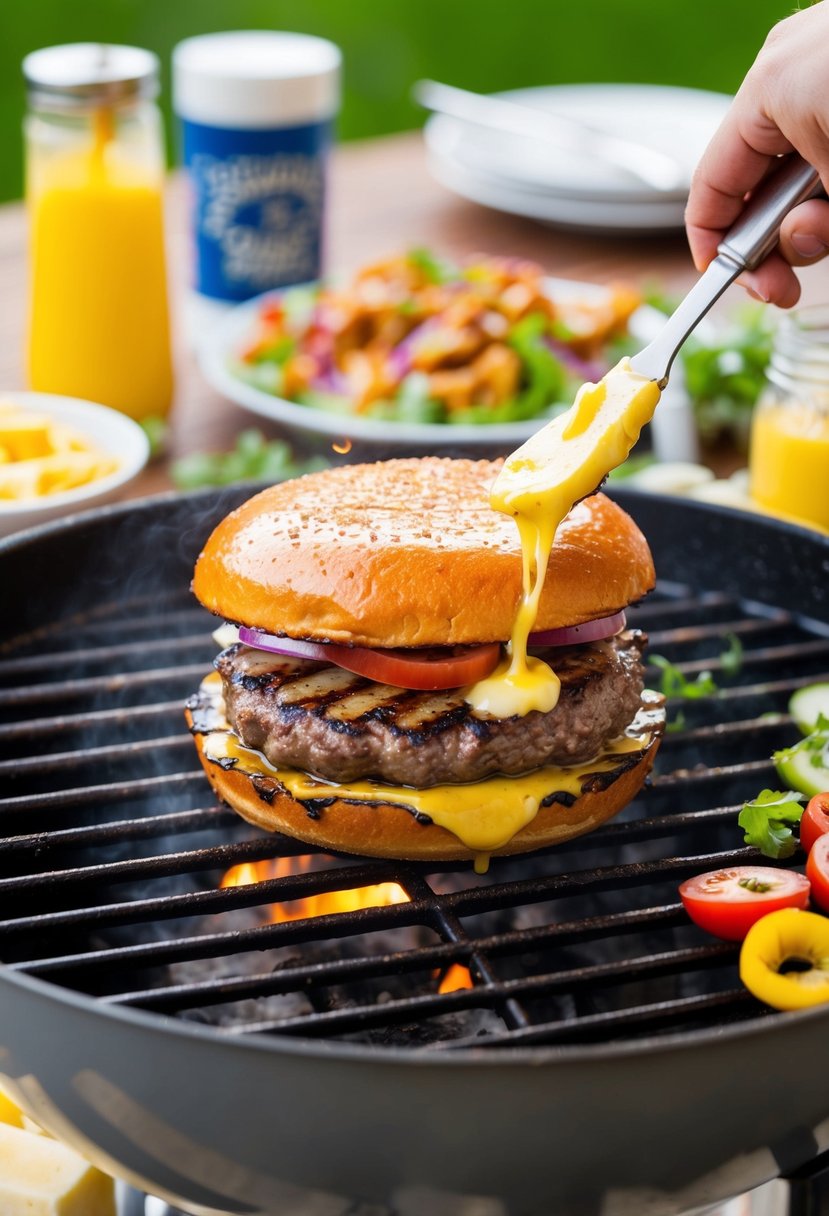 A sizzling burger sizzling on a grill, being basted with melted butter, surrounded by condiments and toppings