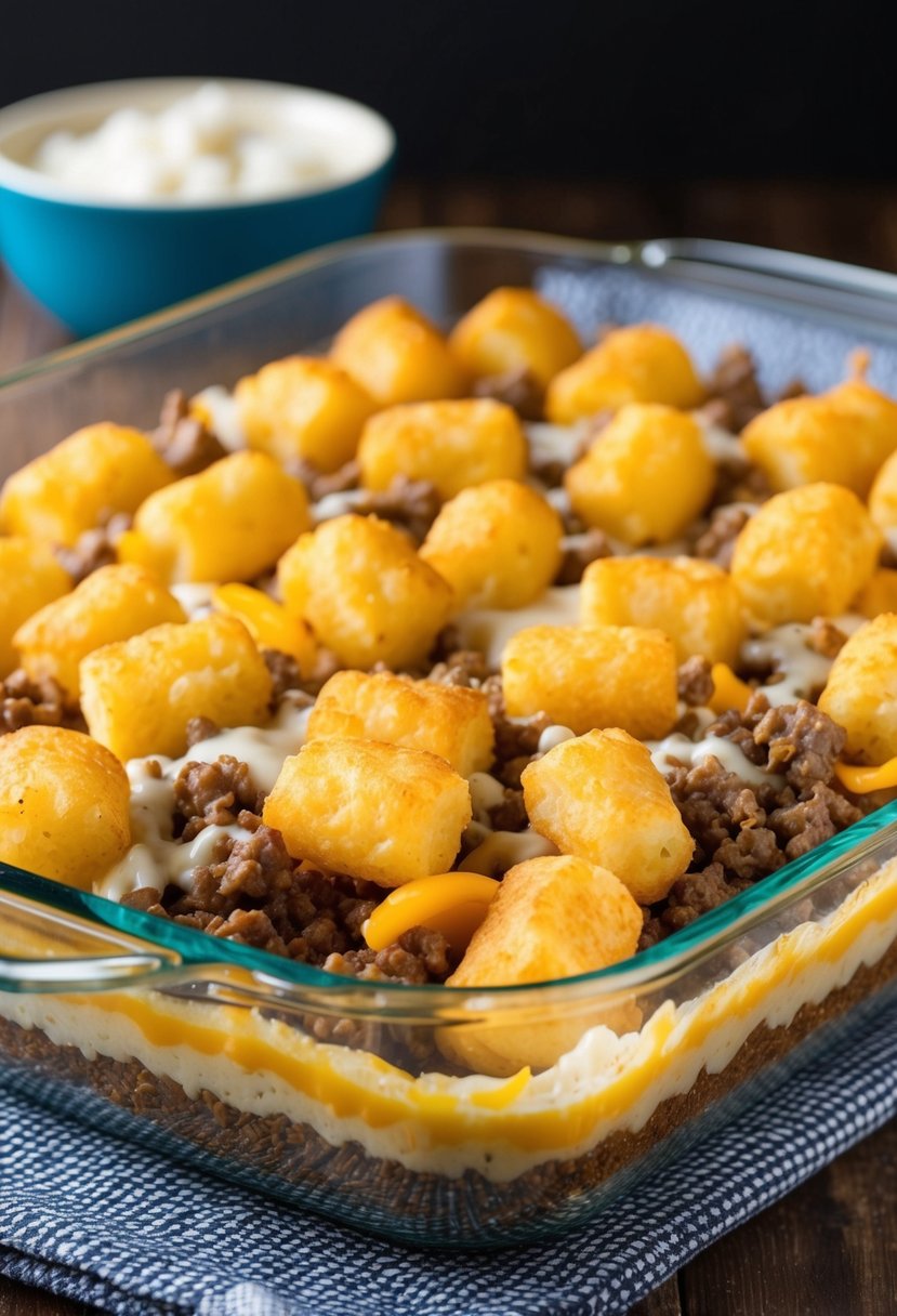 A baking dish filled with layers of tater tots, ground beef, cheese, and creamy sauce, ready to be baked into a golden, bubbling casserole