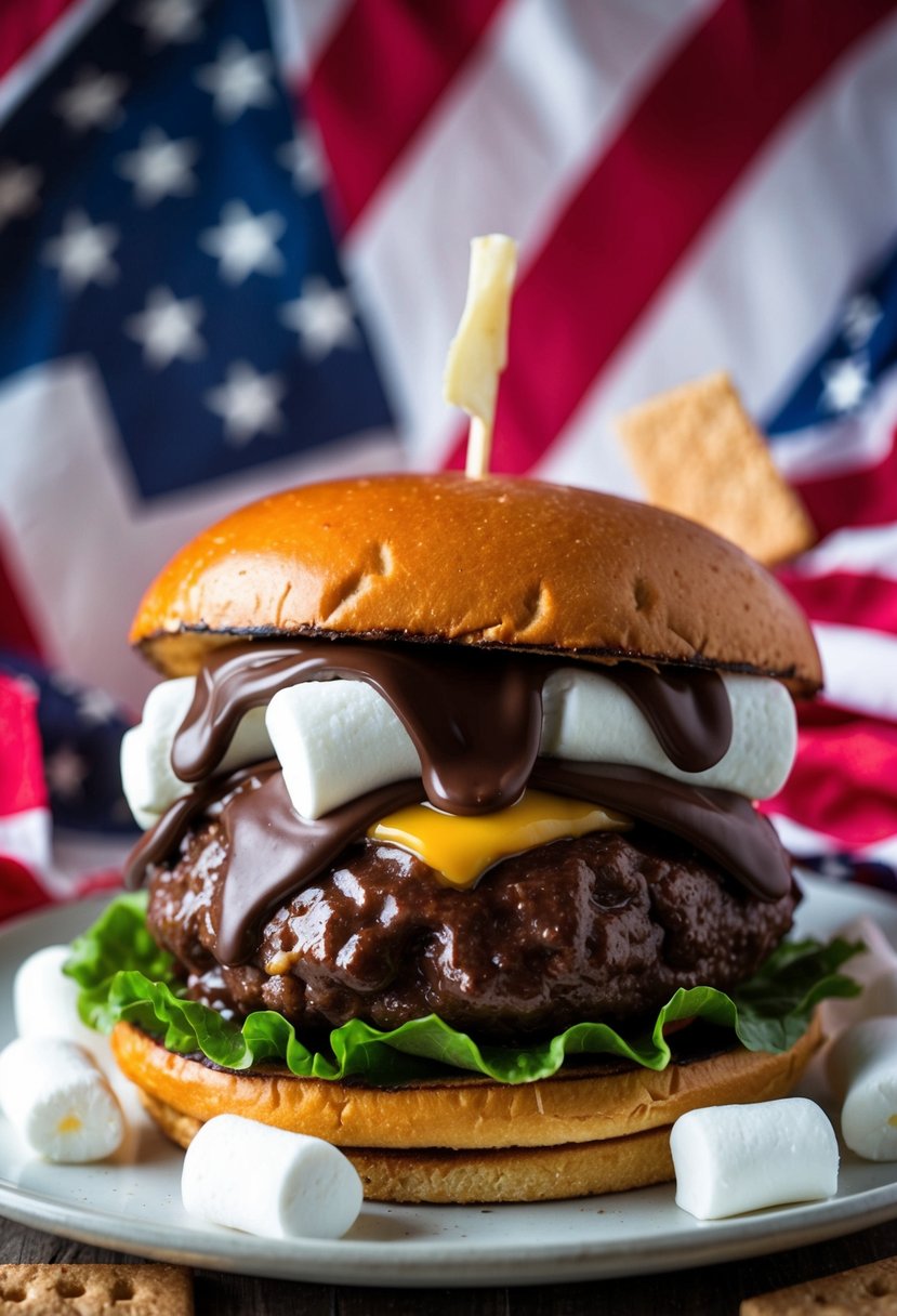 A juicy burger topped with melted marshmallows, chocolate, and graham crackers, all surrounded by a star-spangled American flag