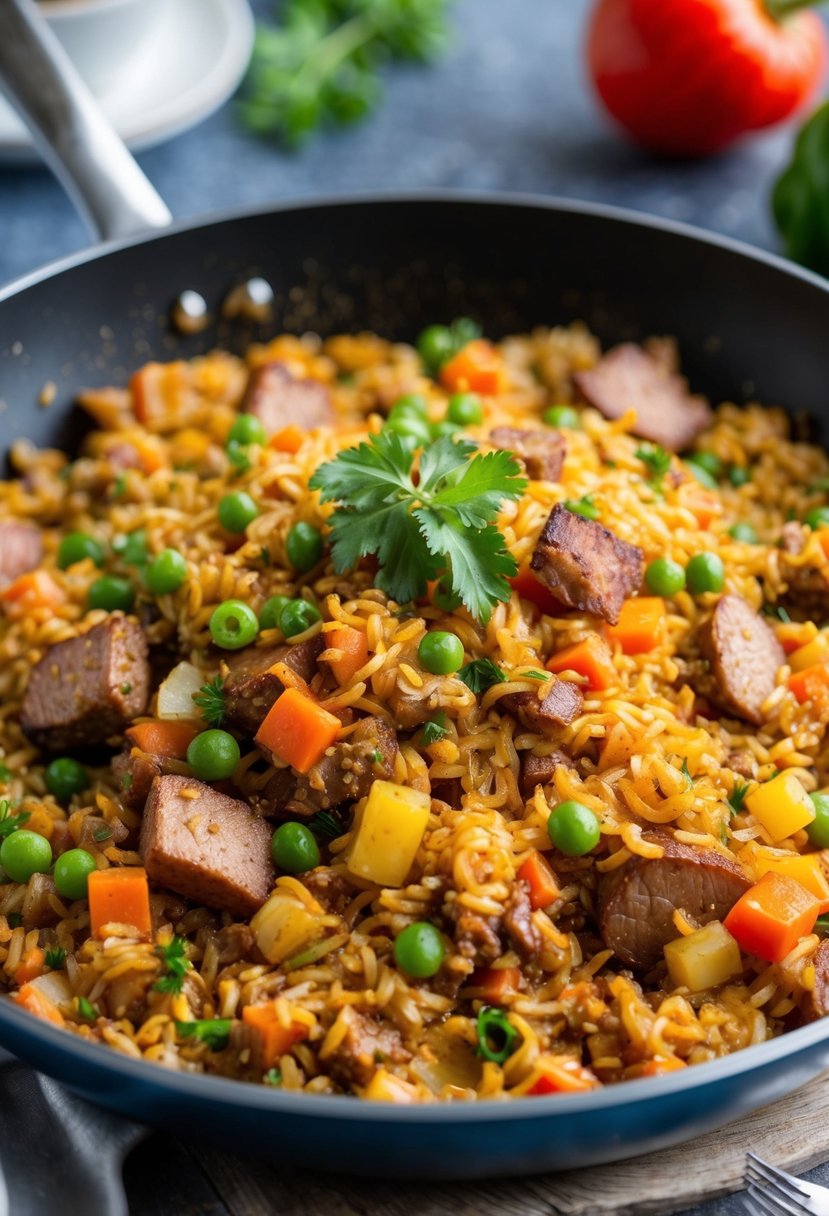 A sizzling skillet of Cajun dirty rice with a medley of meats, vegetables, and spices, ready to be served as an American comfort food dish