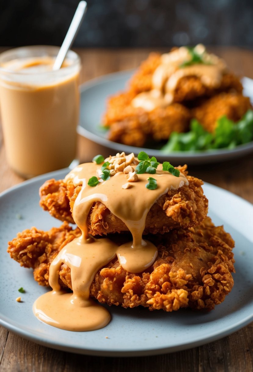 A plate of crispy fried chicken drizzled with creamy peanut sauce