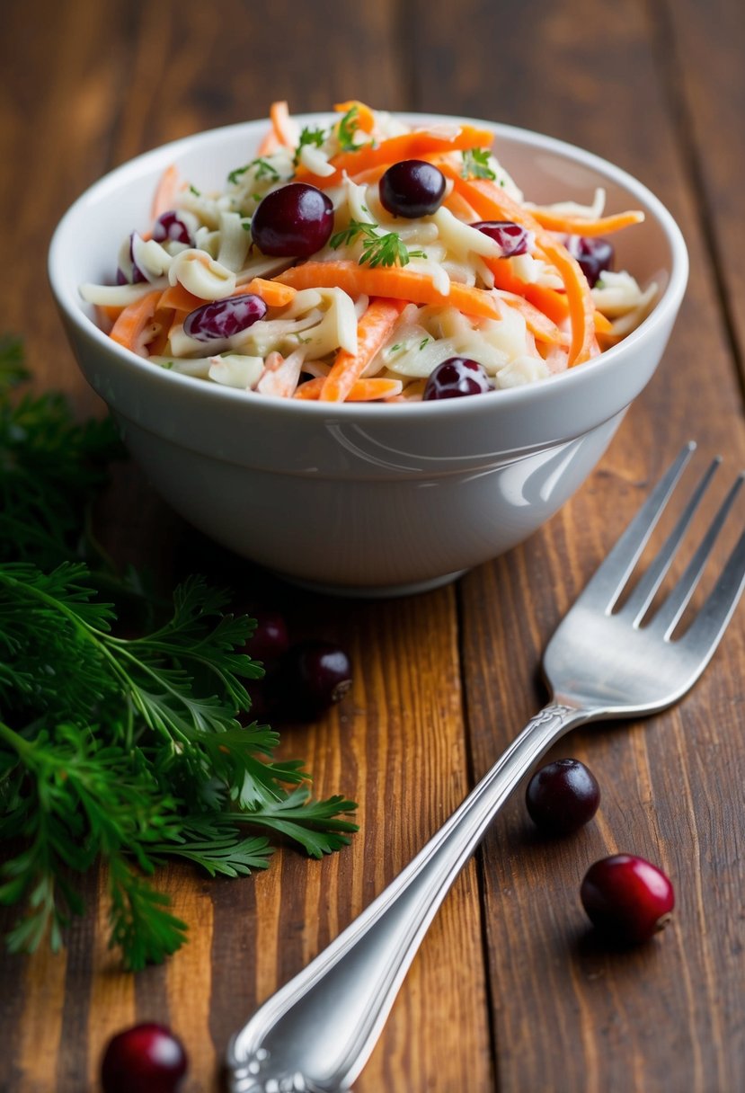 A bowl of Carrot Cranberry Coleslaw with a fork beside it on a wooden table