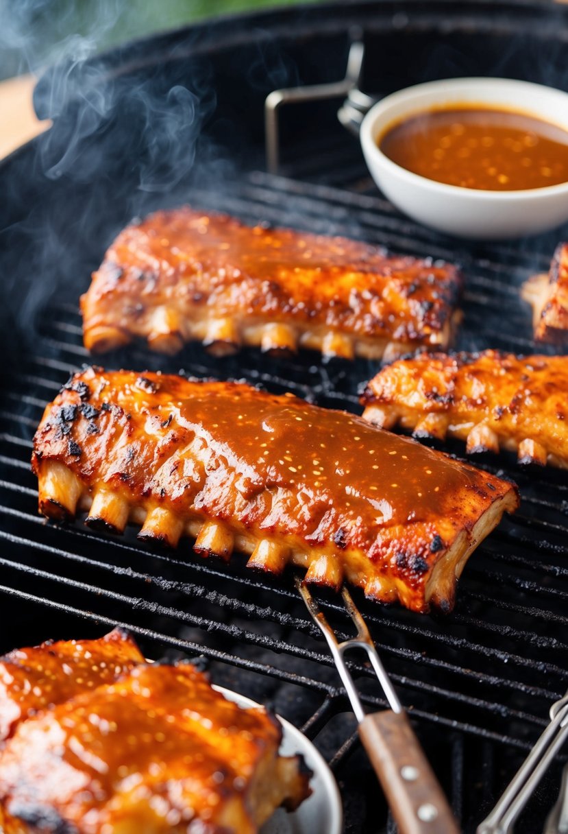 A sizzling barbecue grill with juicy pork ribs, charred and glazed with a tangy sauce, surrounded by grilling utensils and smoke