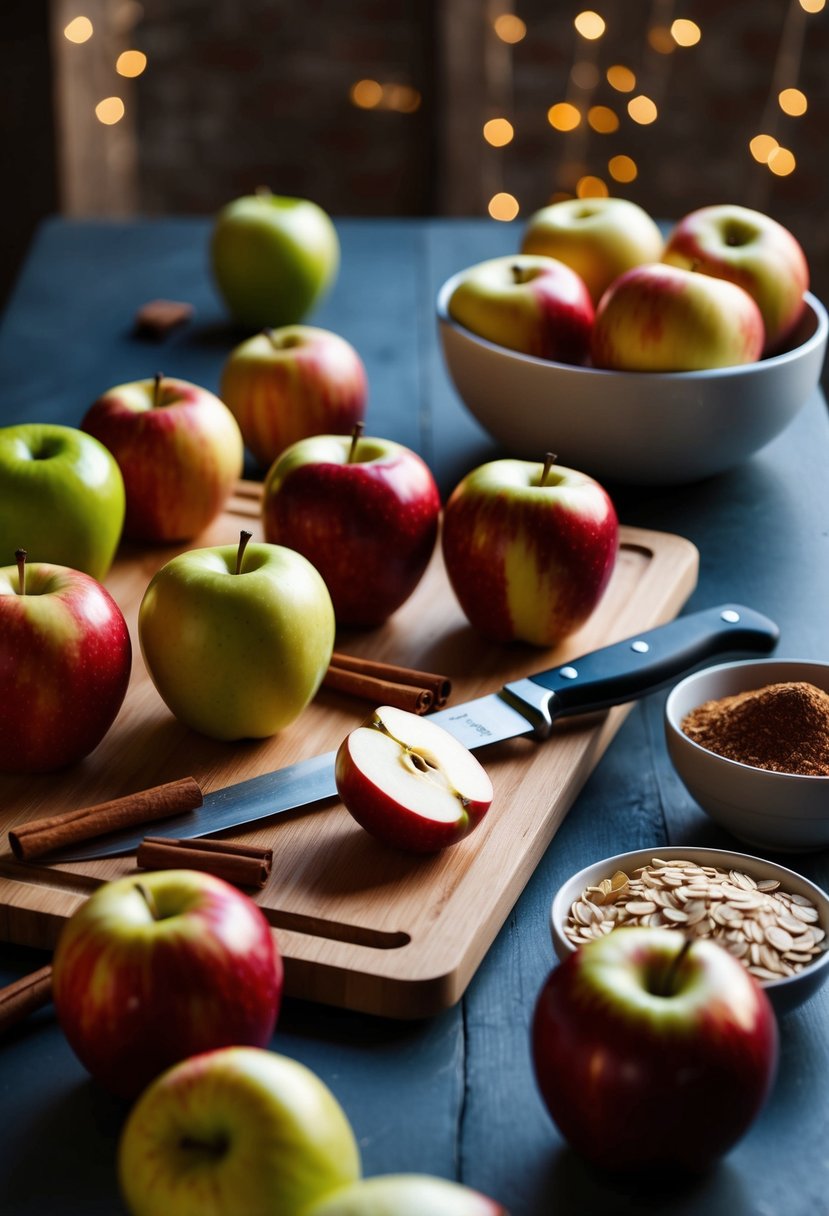 A table with a variety of apples, cutting board, knife, and ingredients like cinnamon and oats for making healthy apple recipes