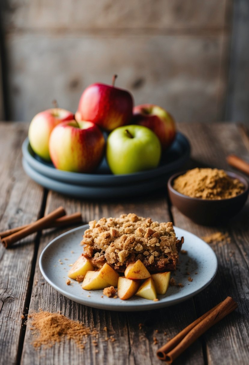 A rustic wooden table with a freshly baked Paleo Apple Crumble surrounded by a pile of ripe apples and a scattering of cinnamon sticks