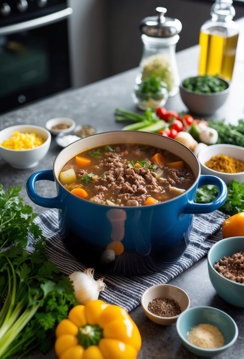 A pot of simmering soup with ground beef, surrounded by various ingredients like vegetables, herbs, and spices on a kitchen counter