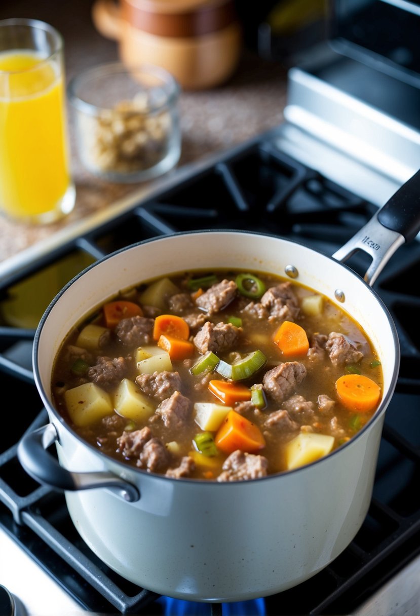 A pot of hamburger soup simmering on a stove, with chunks of beef, vegetables, and broth