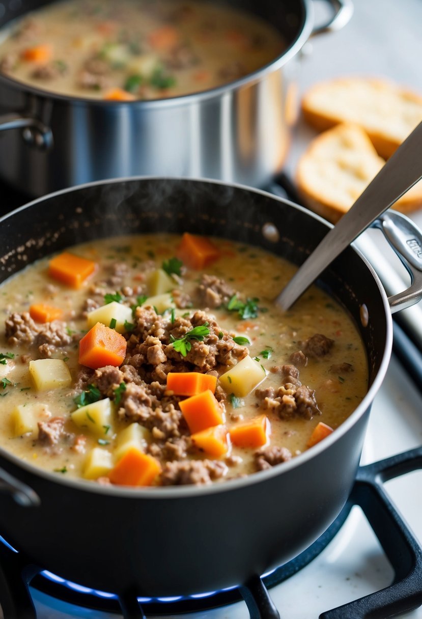 A pot of cheeseburger chowder simmers on the stove, filled with chunks of ground beef, diced vegetables, and creamy broth