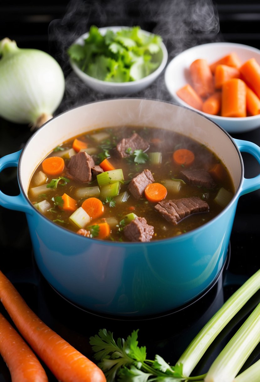 A steaming pot of beef and vegetable soup simmers on a stovetop, surrounded by fresh ingredients like carrots, onions, and celery