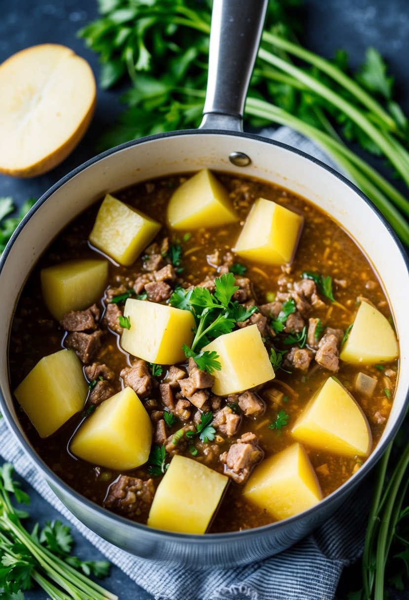 A pot of simmering soup with chunks of potato and ground beef, surrounded by fresh vegetables and herbs