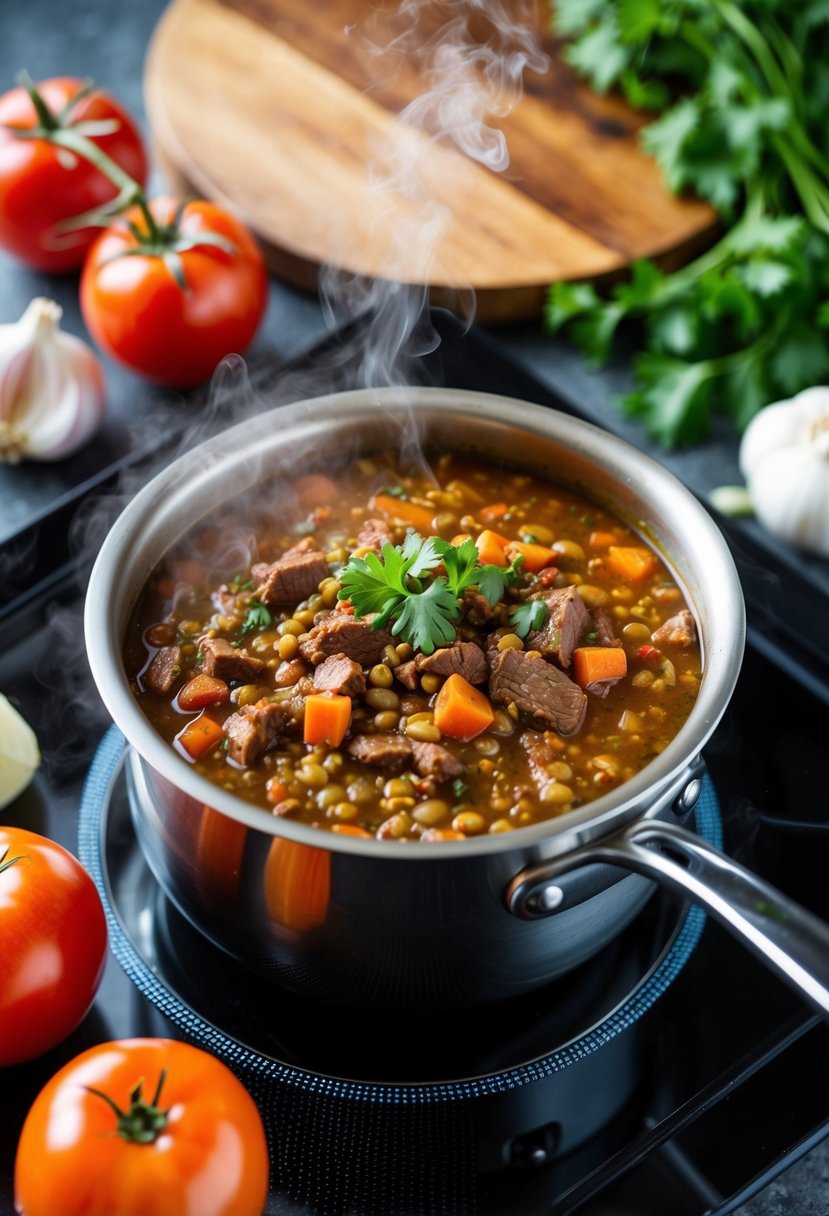 A steaming pot of spicy beef and lentil soup simmers on a stovetop, surrounded by fresh ingredients like tomatoes, onions, and garlic