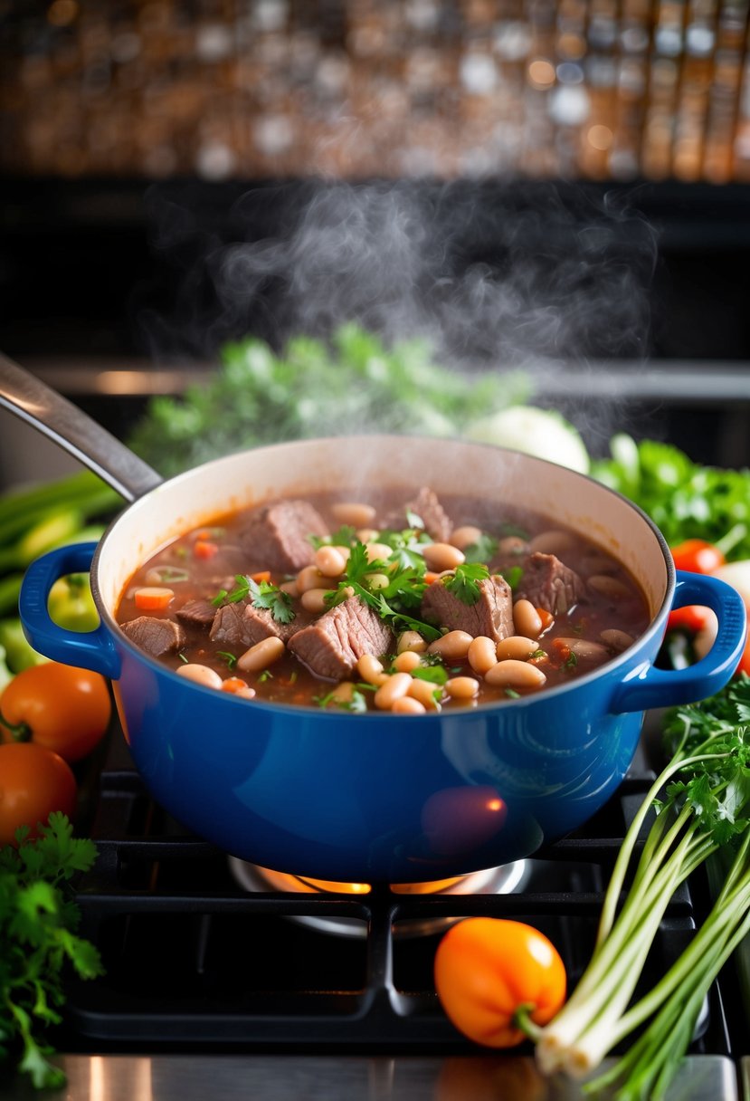 A steaming pot of beef and bean stew simmering on a stovetop, surrounded by fresh vegetables and herbs