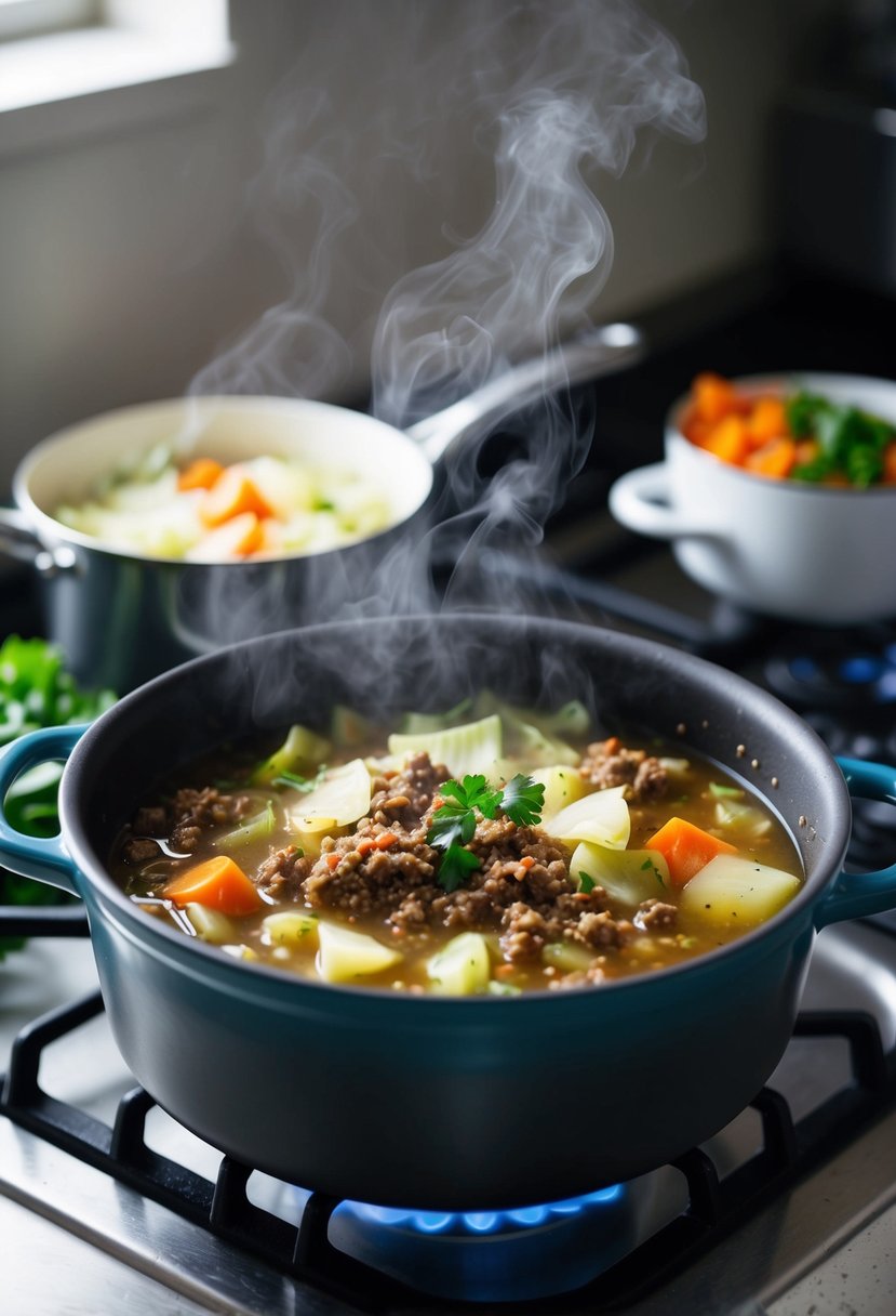 A pot of simmering ground beef and cabbage soup on a stovetop, steam rising, with chunks of vegetables and savory broth