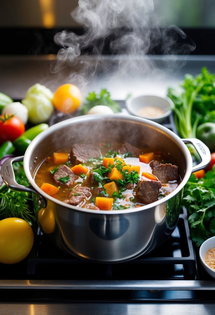 A steaming pot of Italian Wedding Soup with beef, simmering on a stovetop, surrounded by fresh vegetables and herbs