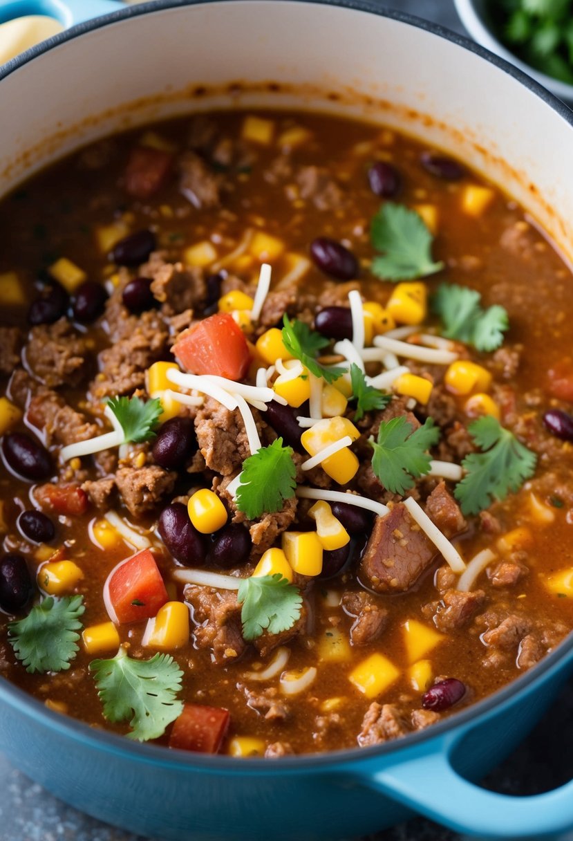 A simmering pot of beef taco soup with chunks of ground beef, beans, corn, and tomatoes, garnished with shredded cheese and chopped cilantro