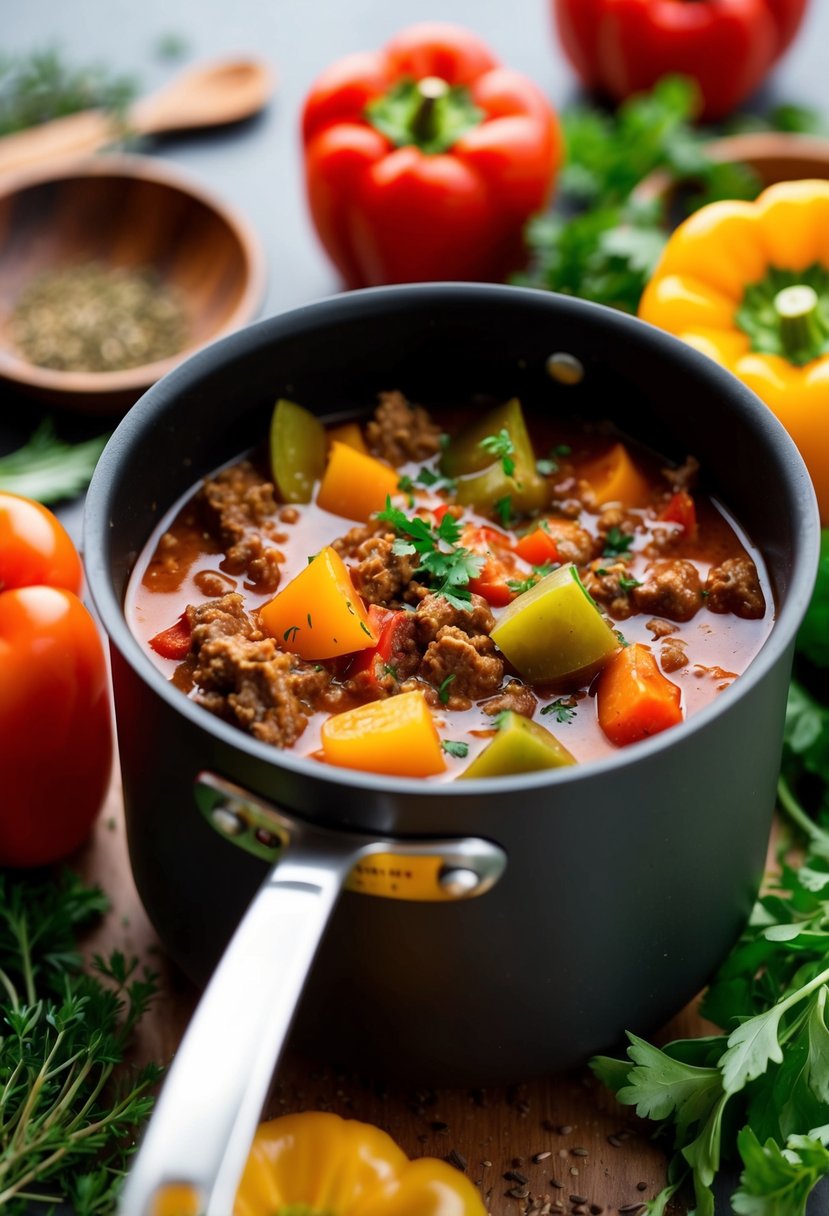 A pot of simmering stuffed pepper soup, with chunks of ground beef, bell peppers, and tomatoes, surrounded by fresh herbs and spices