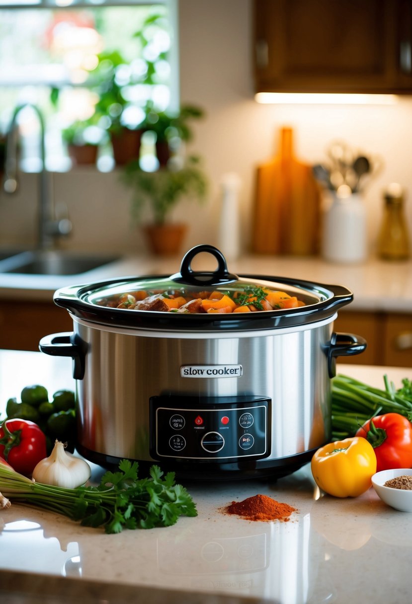 A slow cooker surrounded by fresh ingredients and spices on a kitchen counter