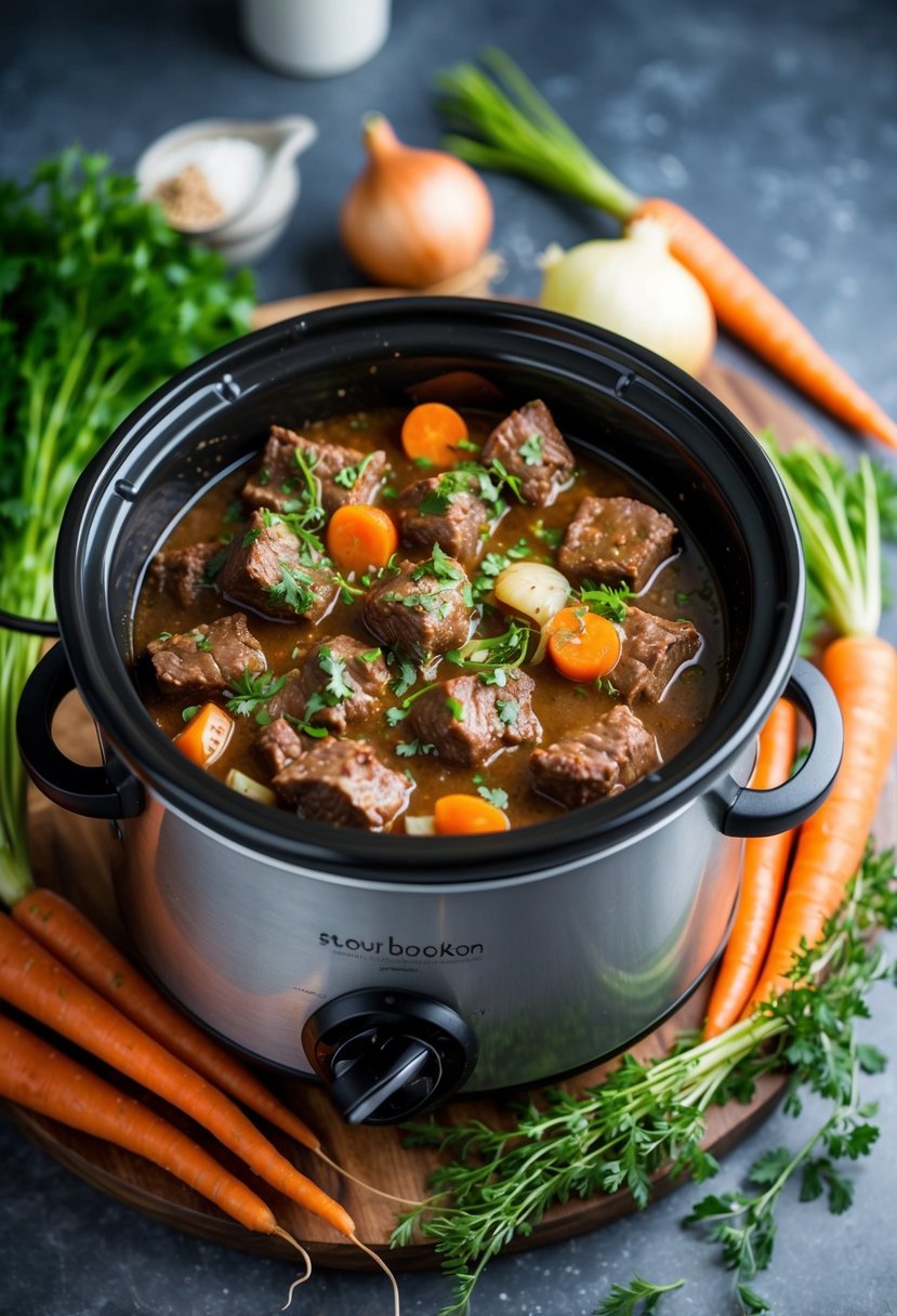 A pot of beef bourguignon simmering on a slow cooker, surrounded by fresh ingredients like carrots, onions, and herbs