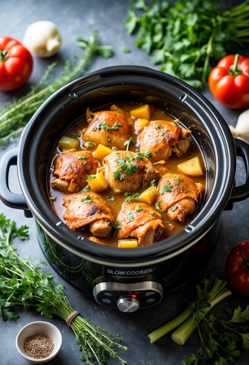 A slow cooker filled with bubbling chicken cacciatore, surrounded by fresh herbs and vegetables