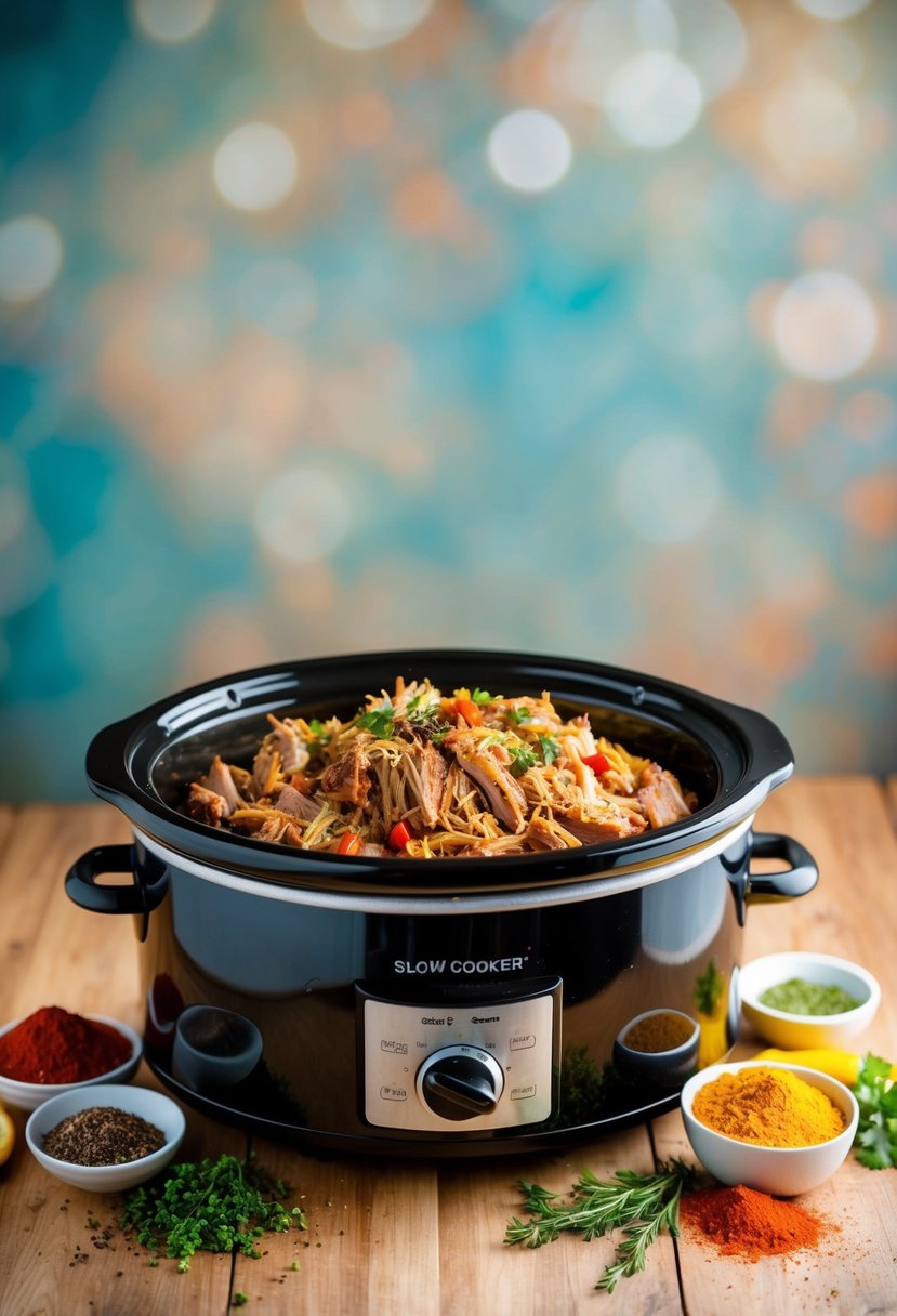 A slow cooker filled with zesty pulled pork surrounded by colorful spices and herbs