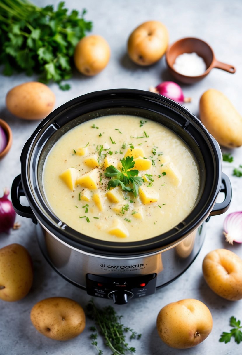 A slow cooker filled with creamy potato soup, surrounded by fresh ingredients like potatoes, onions, and herbs