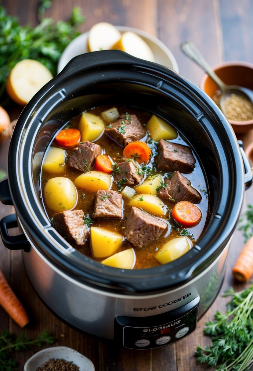 A large slow cooker simmering with chunks of beef, potatoes, carrots, and onions in a rich, savory broth, surrounded by aromatic herbs and spices