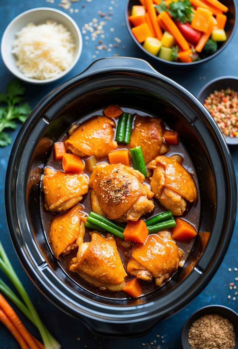 A slow cooker filled with sweet and sour chicken surrounded by colorful vegetables and aromatic spices