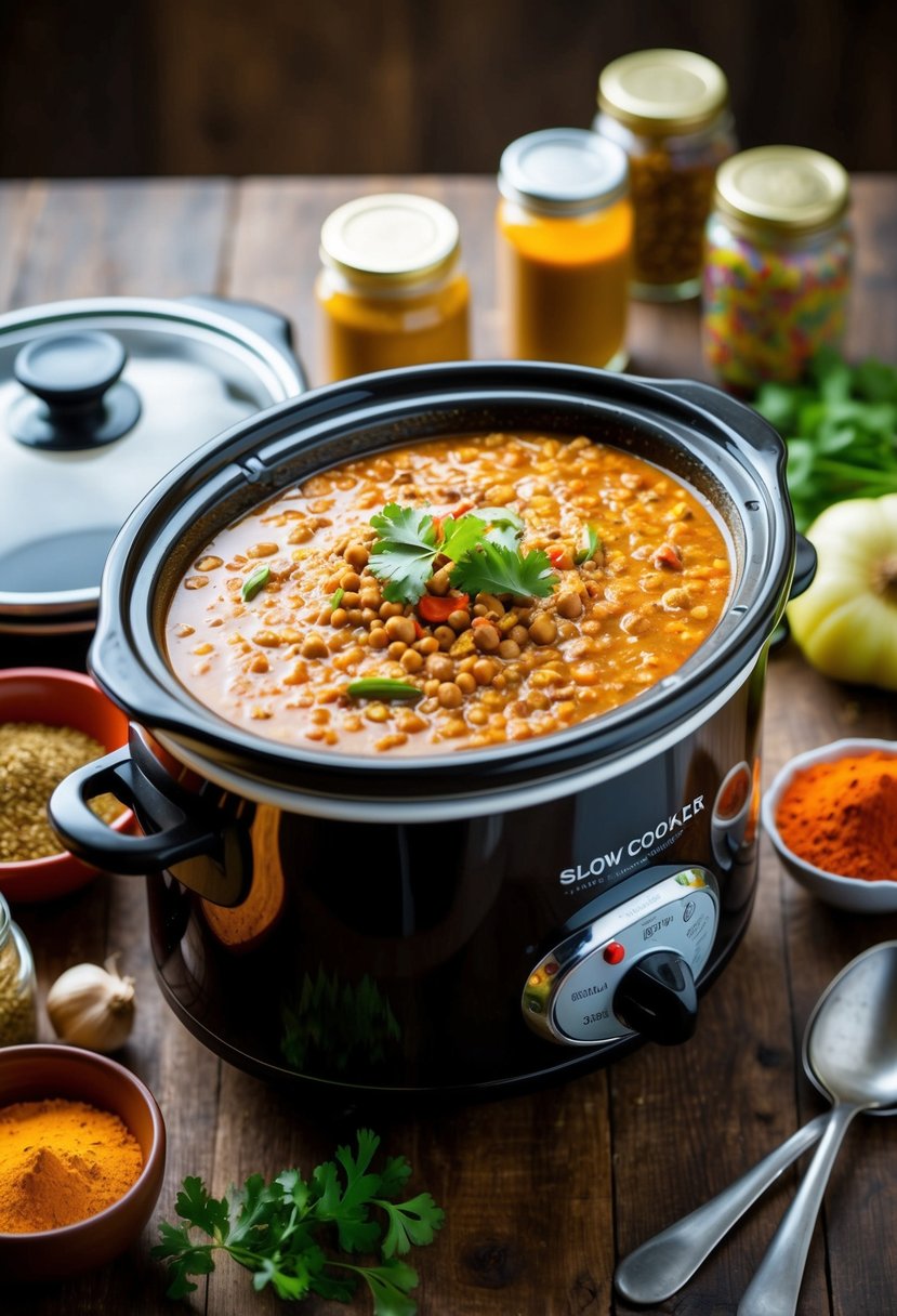 A bubbling slow cooker filled with spicy lentil curry, surrounded by colorful spice jars and fresh ingredients