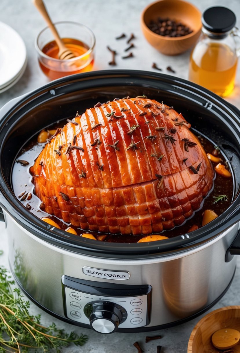 A large slow cooker filled with honey glazed ham surrounded by cloves and herbs