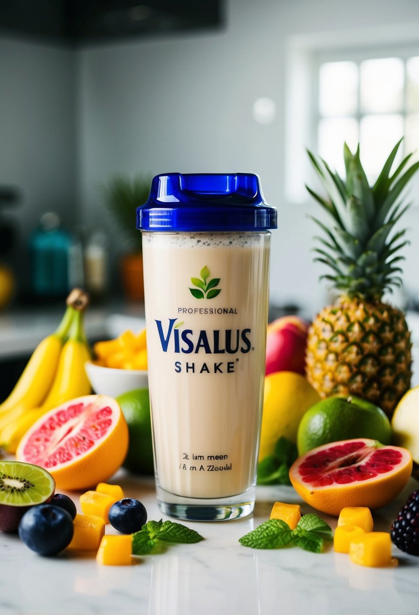 A glass of ViSalus shake surrounded by various fresh fruits and ingredients on a kitchen counter