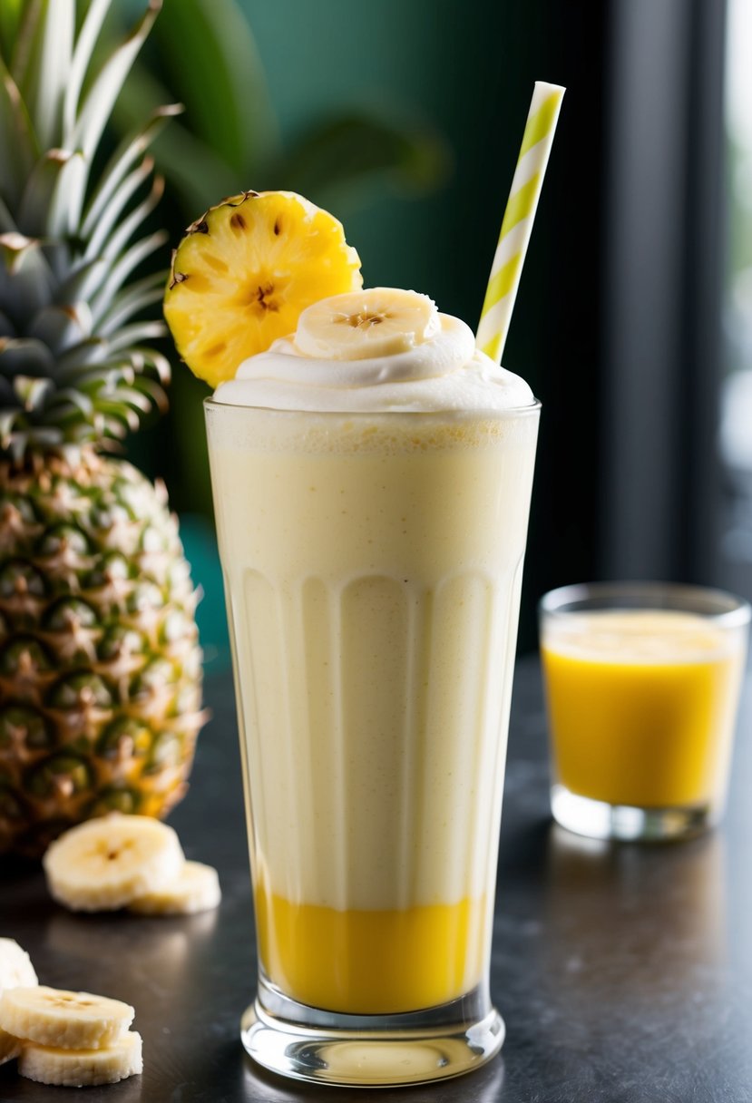 A tall glass filled with a creamy yellow pineapple banana shake, topped with a slice of pineapple and a banana slice