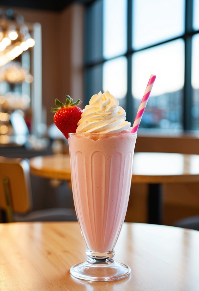 A tall glass filled with a creamy pink shake topped with whipped cream and a fresh strawberry