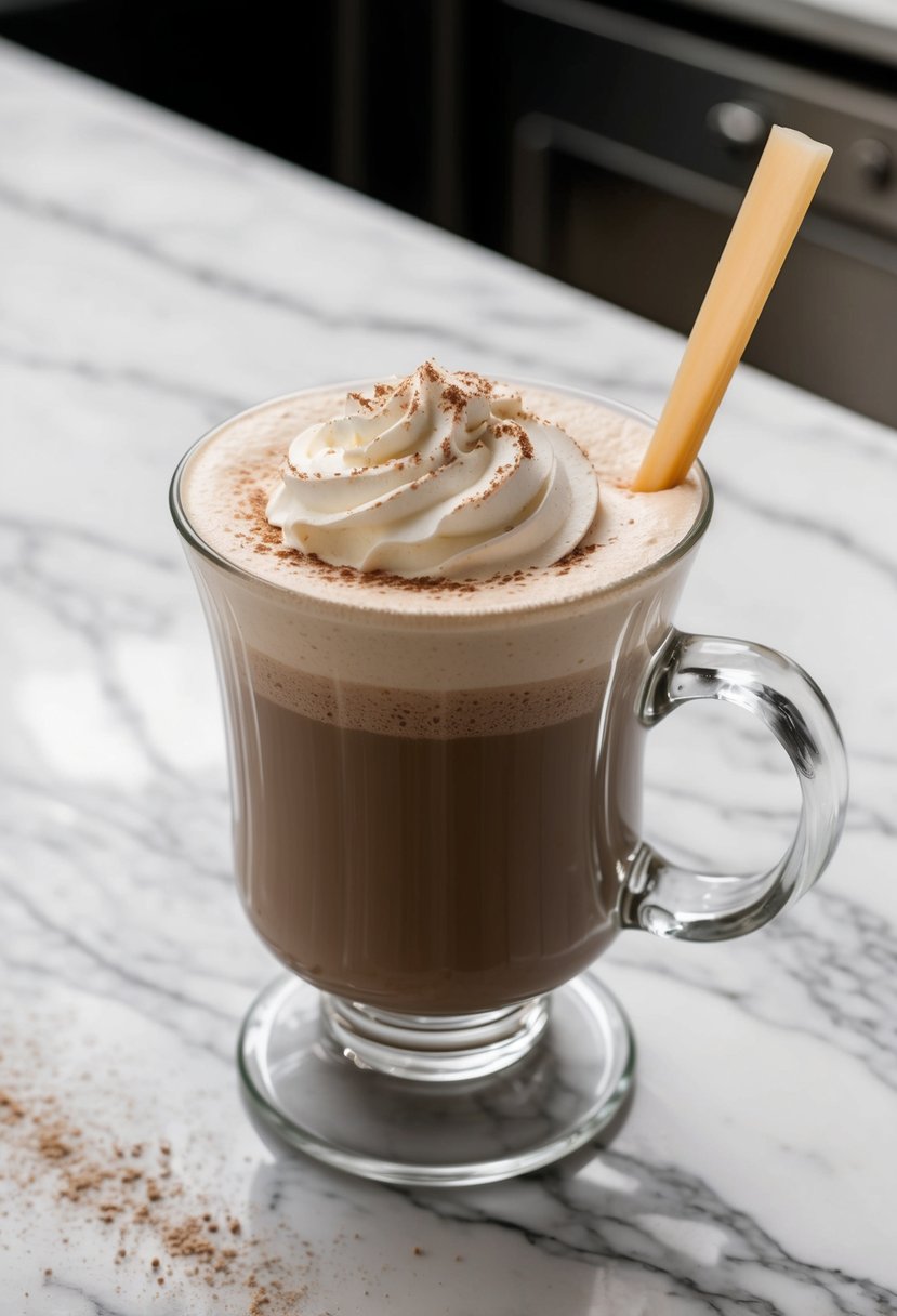 A frothy chocolate latte ViShake sits on a marble countertop, garnished with a sprinkle of cocoa powder and a swirl of whipped cream