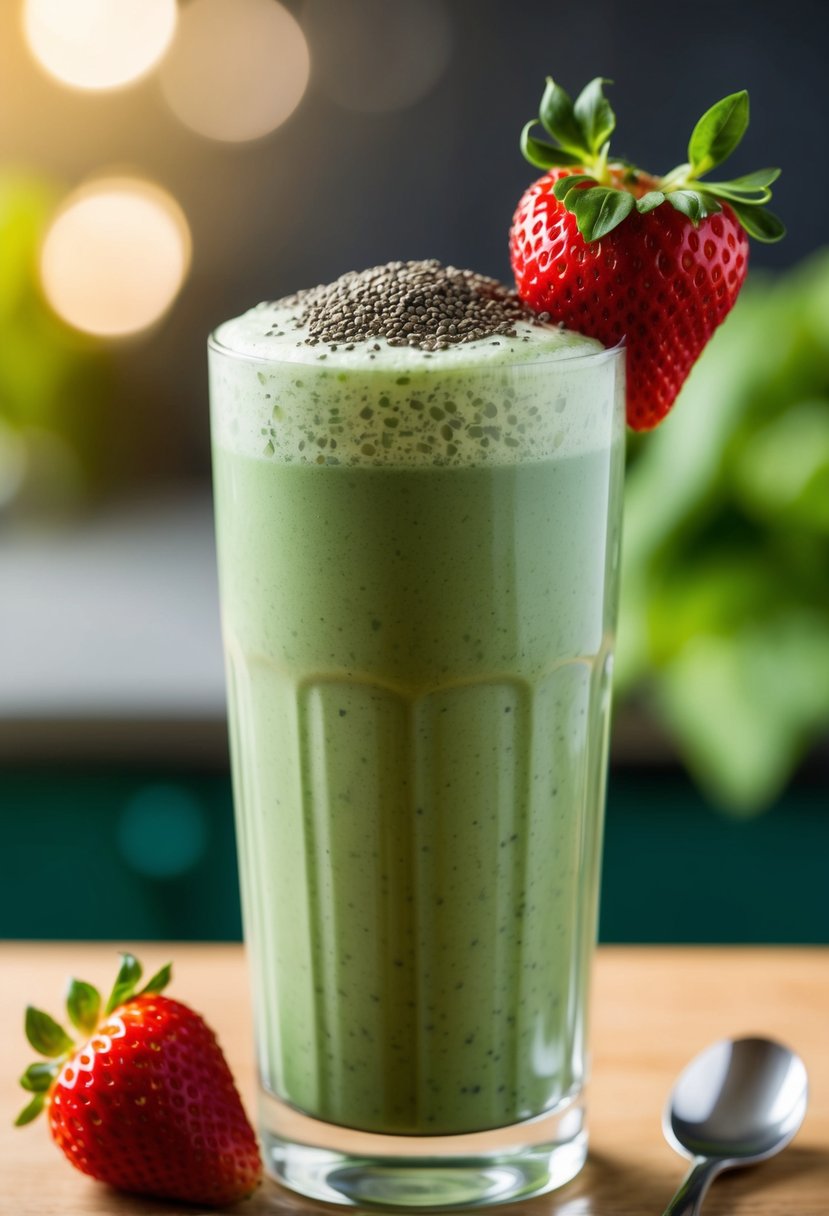 A tall glass filled with a vibrant green spinach ViShake Delight, topped with a sprinkle of chia seeds and a fresh strawberry on the rim