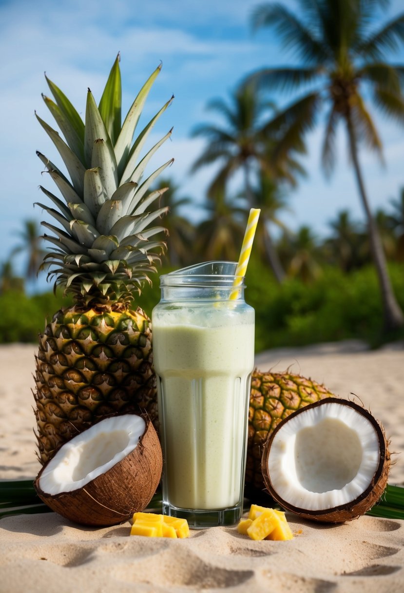 A tropical-themed protein shake surrounded by pineapple, coconut, and a blender, with a backdrop of a sandy beach and palm trees