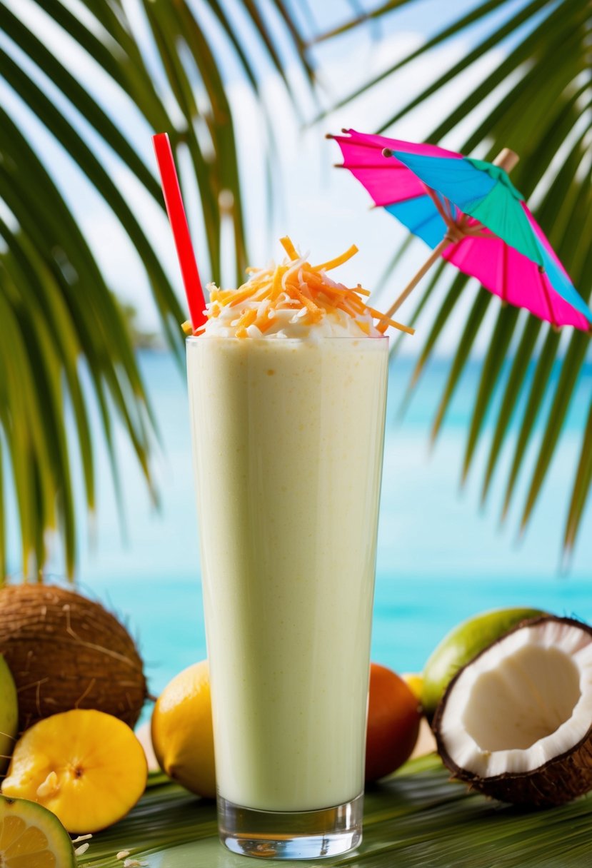 A tall glass filled with a creamy coconut shake, topped with shredded coconut and a colorful umbrella, surrounded by tropical fruits and palm leaves