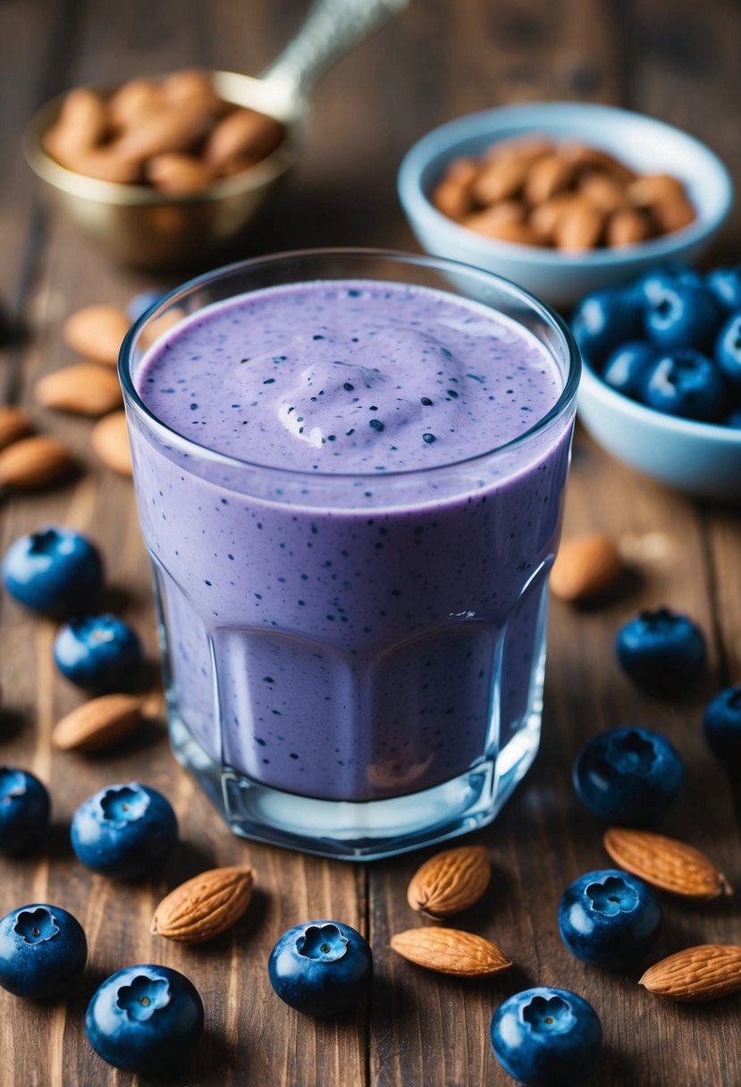 A glass filled with a blueberry almond smoothie surrounded by fresh blueberries and almonds on a wooden table