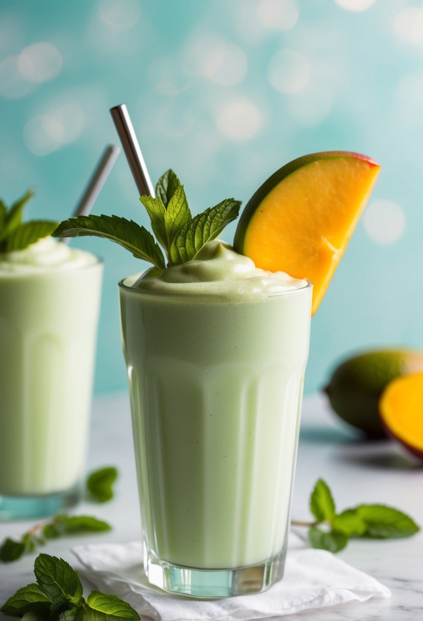 A tall glass filled with a creamy, pale green shake topped with fresh mint leaves and a slice of ripe mango