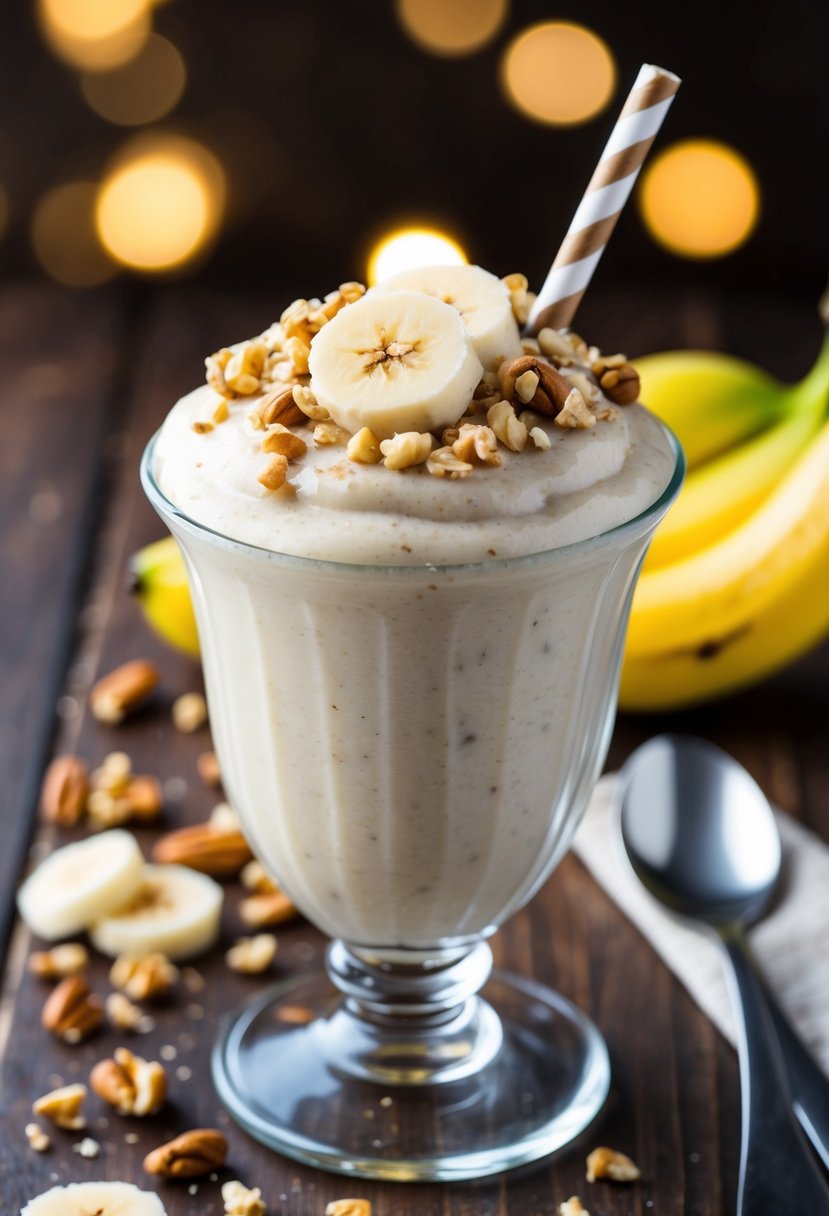 A glass filled with a creamy banana nut bread shake, topped with crushed nuts and a banana slice