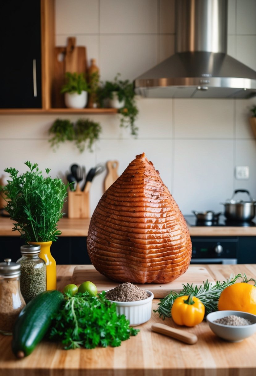 A kitchen counter with a variety of fresh herbs, spices, and a large ham ready to be prepared for cooking