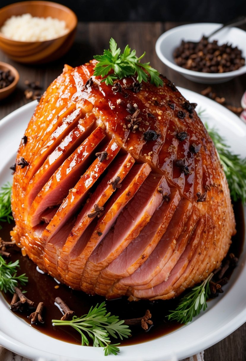 A juicy ham glistening with a sticky brown sugar glaze, surrounded by cloves and garnished with fresh herbs on a serving platter