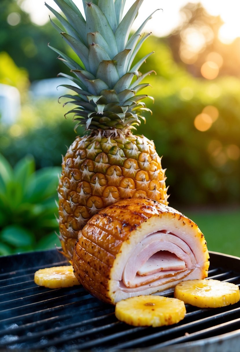 A juicy pineapple and honey ham sizzling on a grill