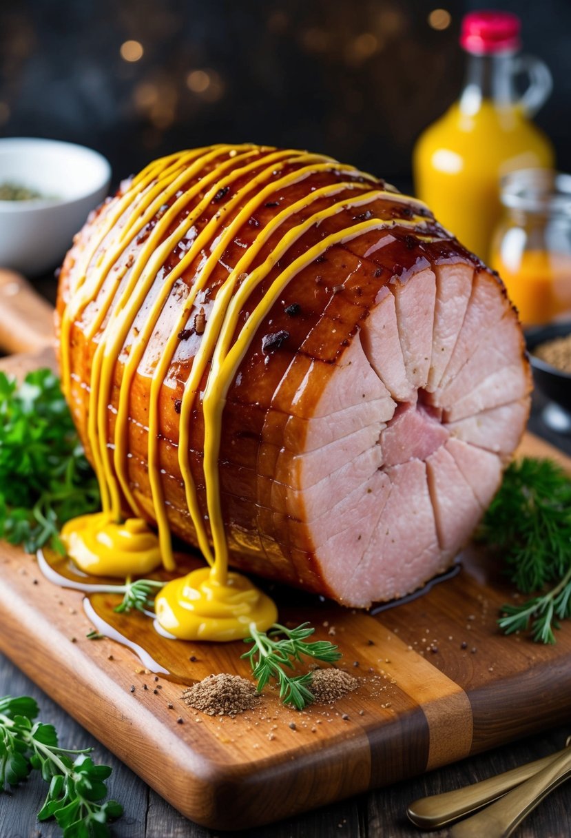 A glazed ham sits on a wooden cutting board, drizzled with mustard and maple syrup, surrounded by fresh herbs and spices