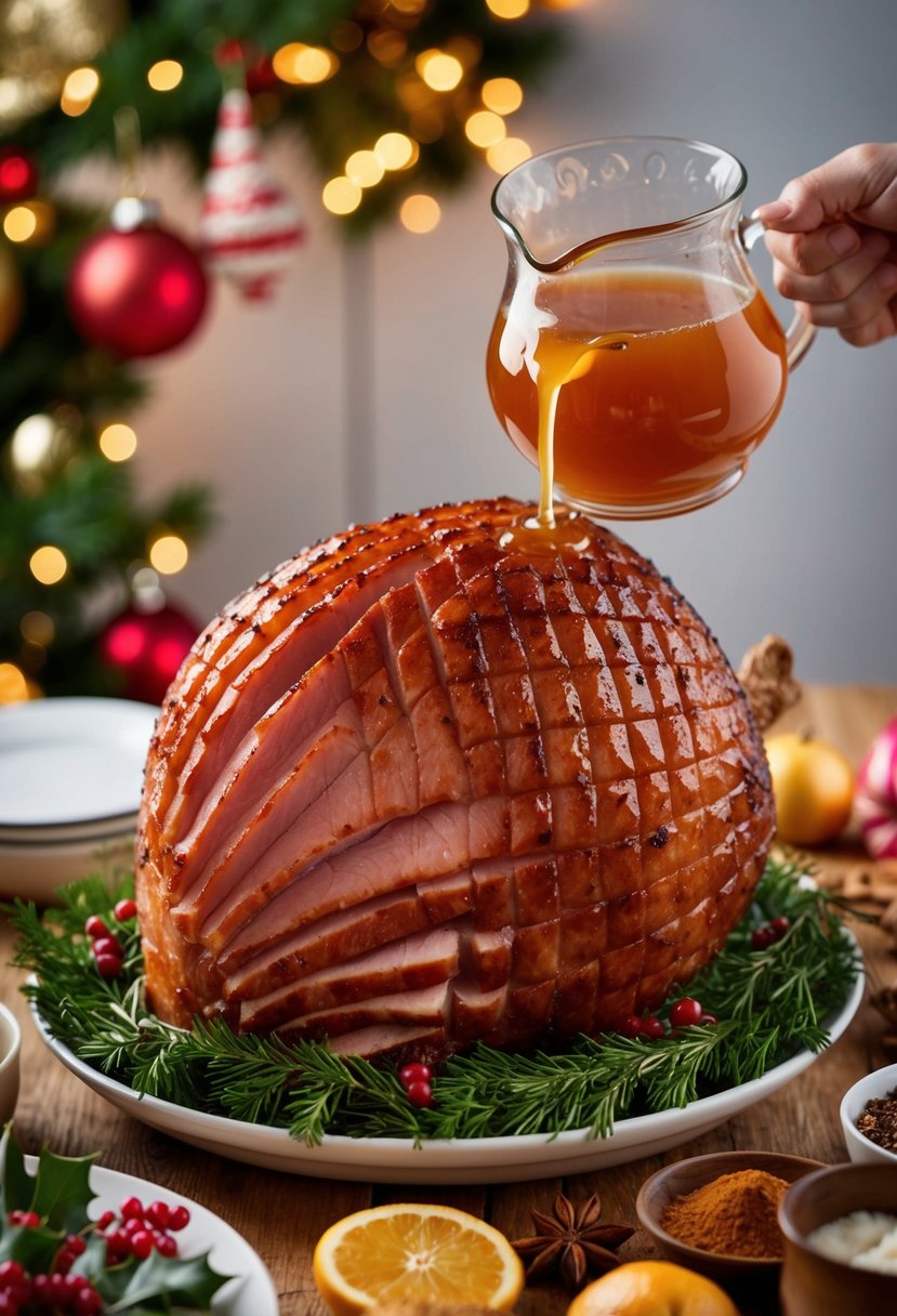 A holiday ham being glazed with cider, surrounded by festive garnishes and spices