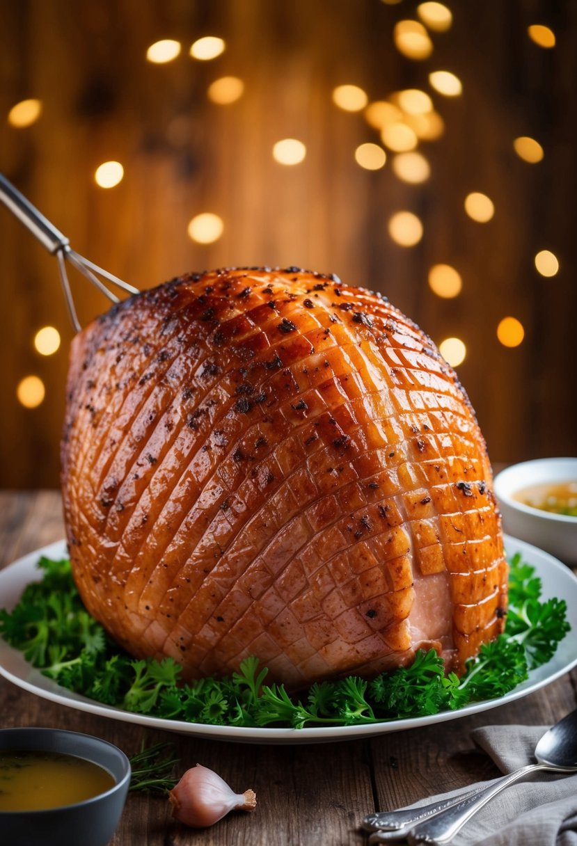 A golden-brown ham glistens with savory chicken broth, basted and ready for serving