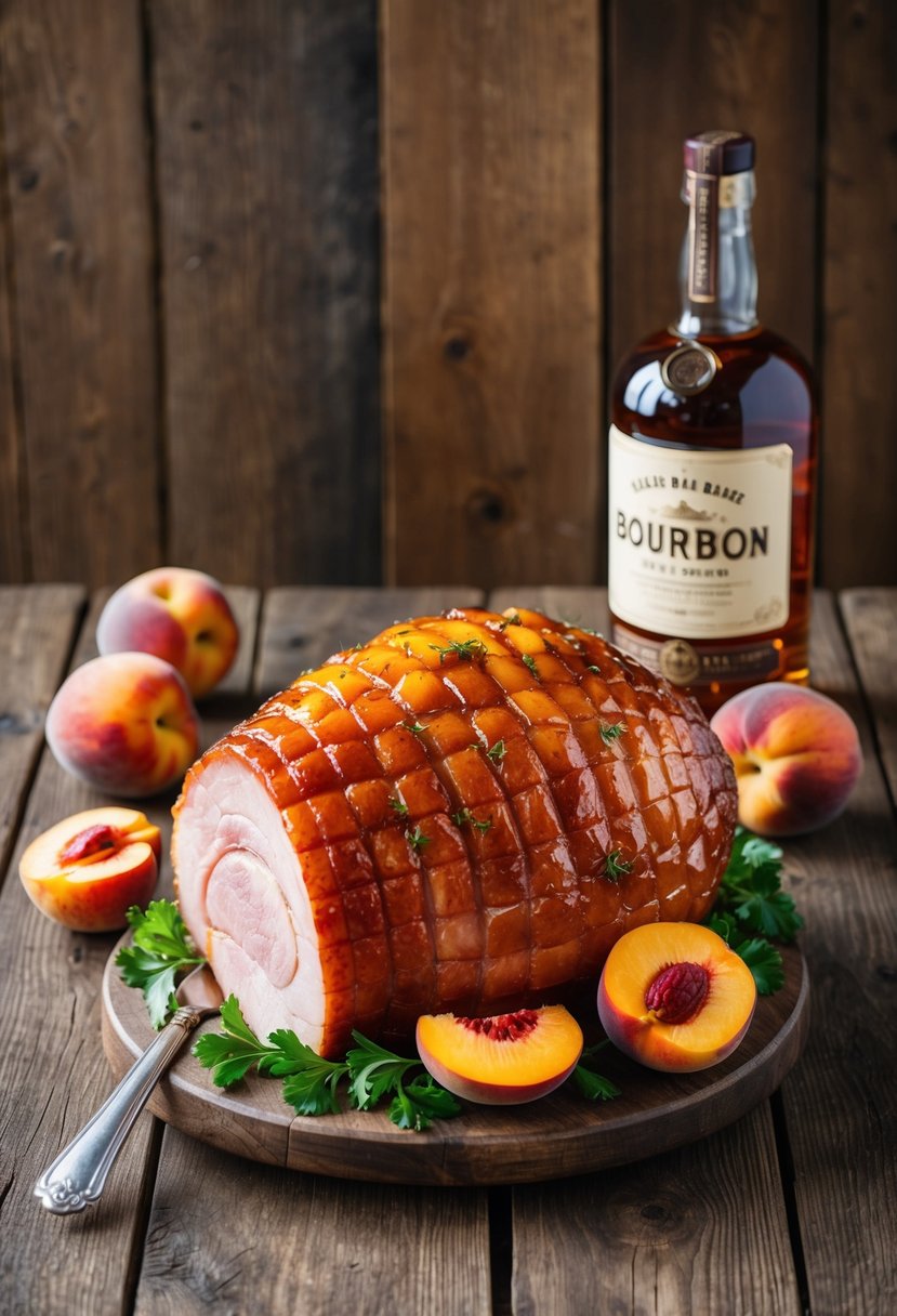 A juicy ham glazed with peach and bourbon, surrounded by fresh peaches and a bottle of bourbon, set on a rustic wooden table