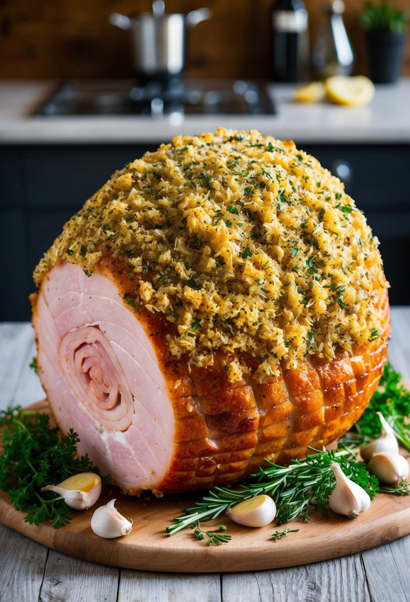 A whole ham coated in a crispy garlic and herb crust, surrounded by fresh herbs and garlic cloves on a wooden cutting board